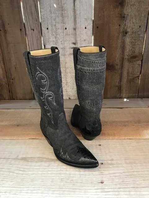Men's Cushioned Shoes Black Denim & Gator Tip  Tres Outlaws Men's Classic Boot 3368