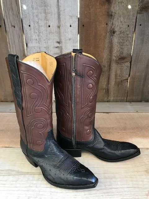 Elegant Shoes For Formal Events Black Ostrich & Brown Kangaroo Inside Zip  Tres Outlaws Men's Classic   3485@