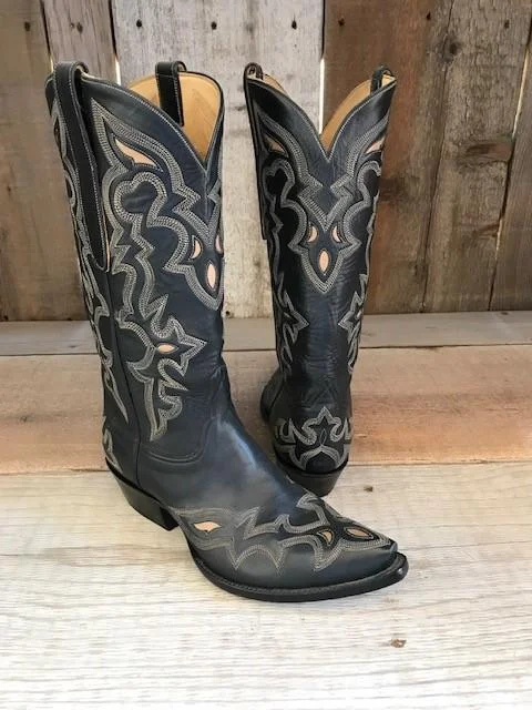 Men's Shock-Absorbing Shoes Spanish Black Kangaroo w/Inlay Tres Outlaws Classic Boot 3477@