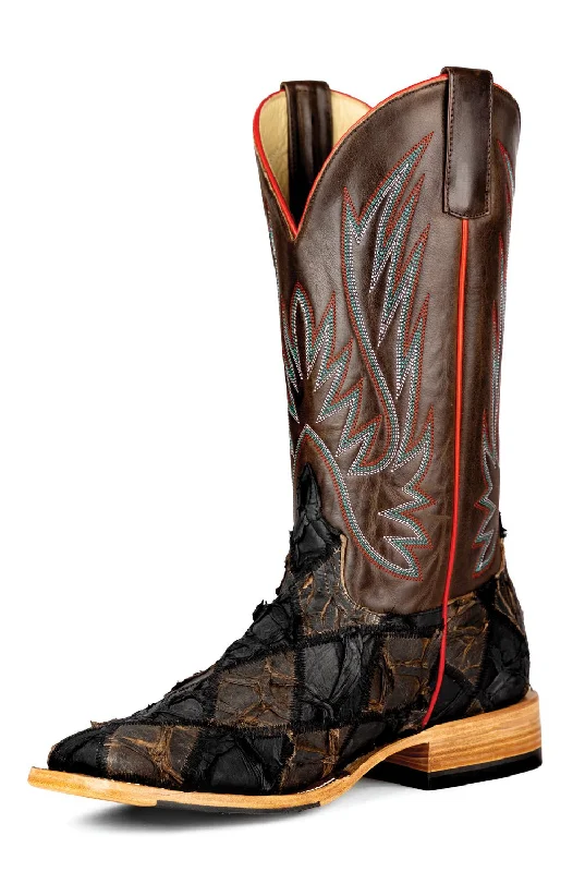 Horse Power Mens Patchwork Bass Black/Chocolate Pirarucu Cowboy Boots