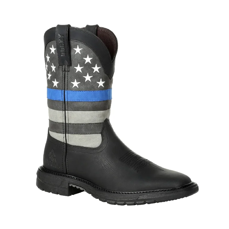 Rocky Mens Black Leather Blue Line Western Cowboy Boots