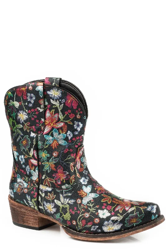 Roper Floral Womens Black Faux Leather Ingrid Cowboy Boots