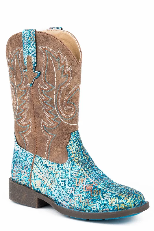 Roper Girls Kids Blue Faux Leather Glitter Aztec Cowboy Boots