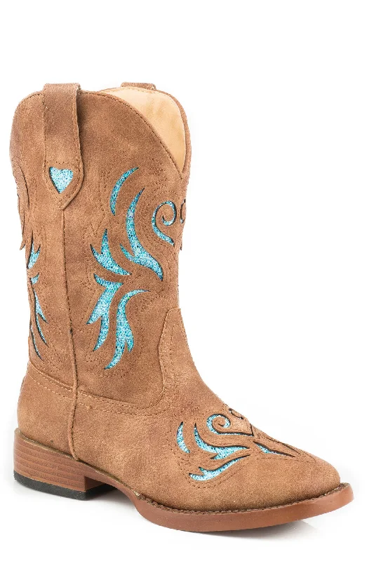 Roper Glitter Breeze Kids Tan Faux Leather Western Turquoise Boots