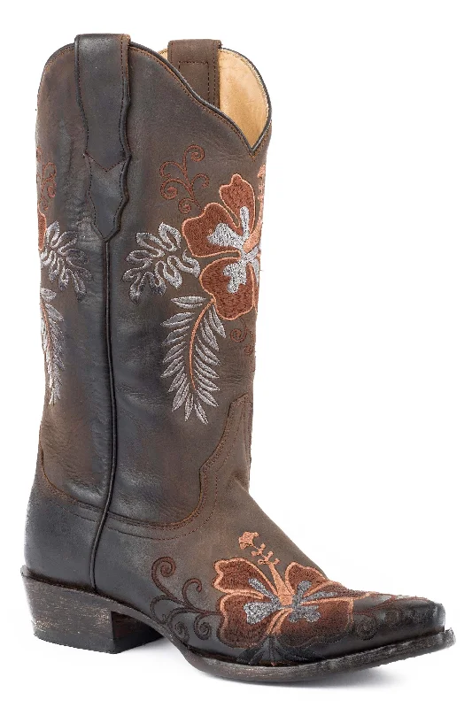 Stetson Womens Brown Leather Aloha 13In Flower Cowboy Boots