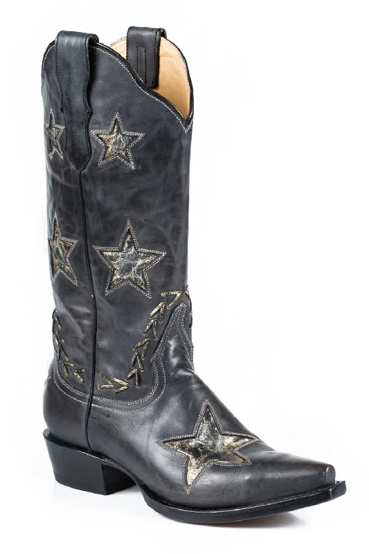 Stetson Star Ladies Black Leather 13in Distressed Gold Boots